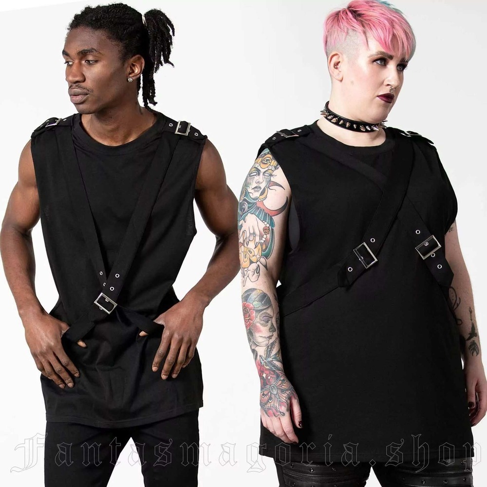 Killstar Overtaker Vest Unisex Black Harness Buckle Longline Top XL
